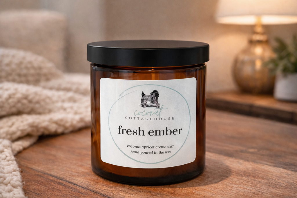 A brown glass jar with a black lid, labeled "fresh amber" and "Cocoon Cottage", sits on a wooden surface.