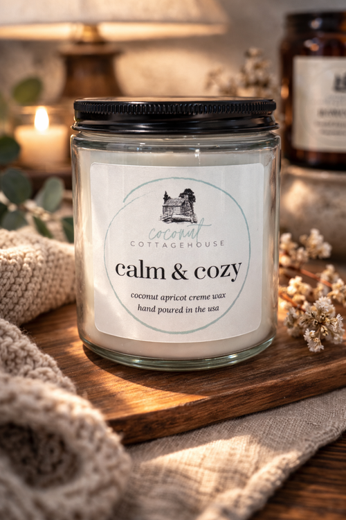 A glass jar candle labeled "calm & cozy" from "Cottaghouse" sits on a wooden surface, surrounded by a knitted blanket and some flowers.
