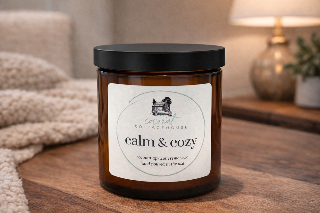 A brown glass candle jar with a label that reads "calm & cozy" and "coconut apricot crème wax hand poured in theUSA".