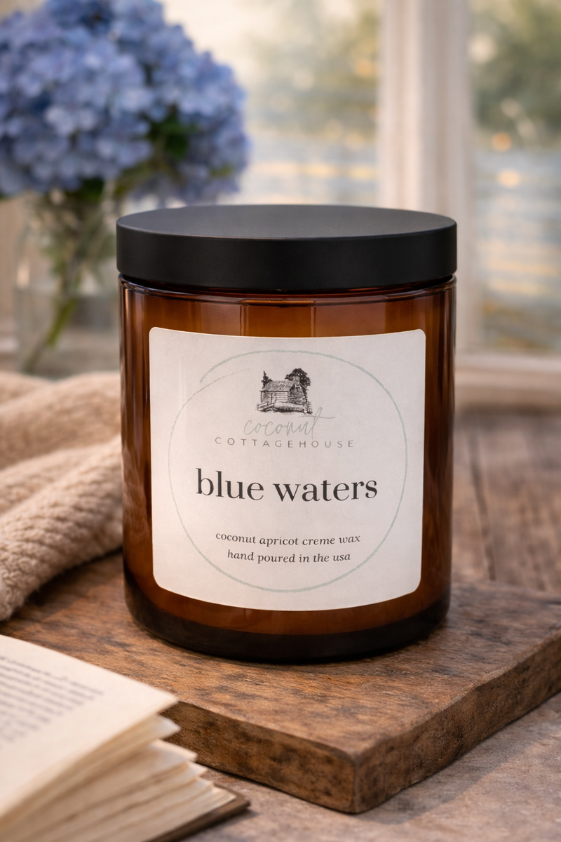 Blue Waters Candle – Luxury Amber Jar With Coconut Apricot Wax, Long Burn | 50-60 Burn