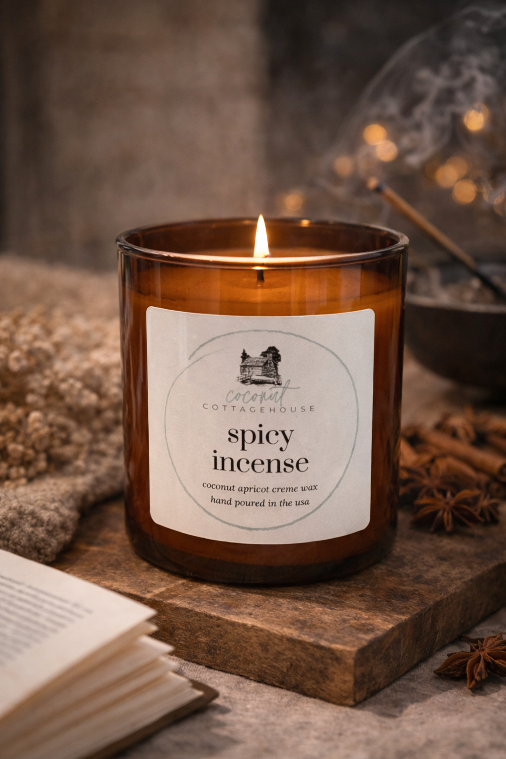 A brown glass candle labeled "spicy incense" sits on a wooden surface, with a book and some spices nearby.