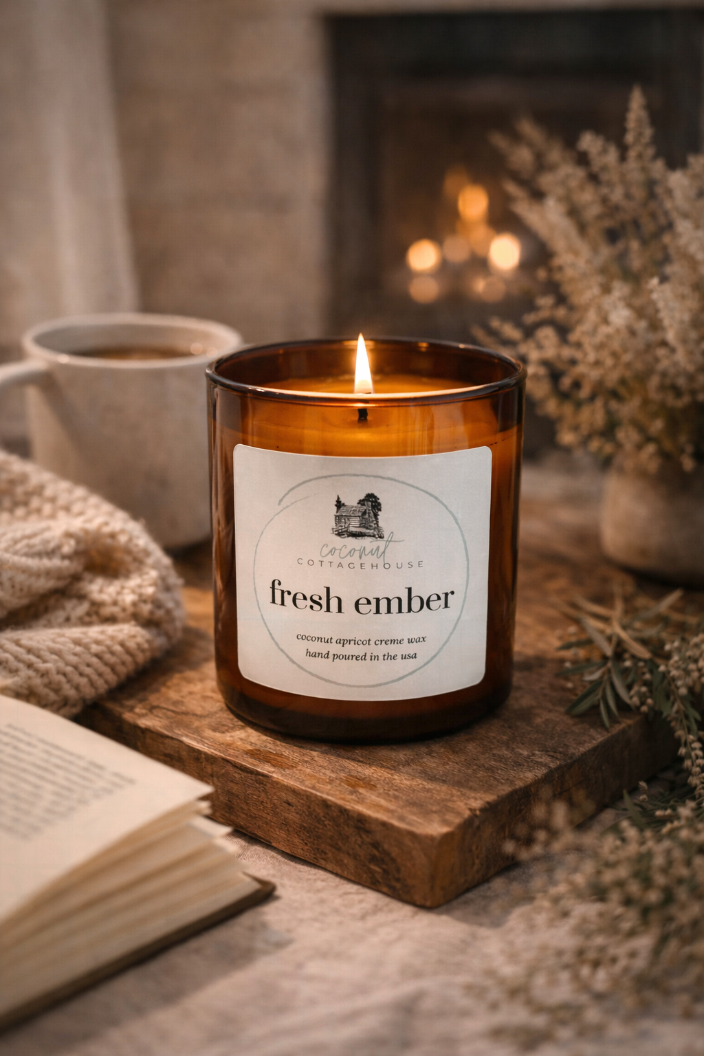 A lit candle labeled "fresh ember" sits on a wooden surface, surrounded by a cozy atmosphere with a mug of coffee, a book, and some greenery.