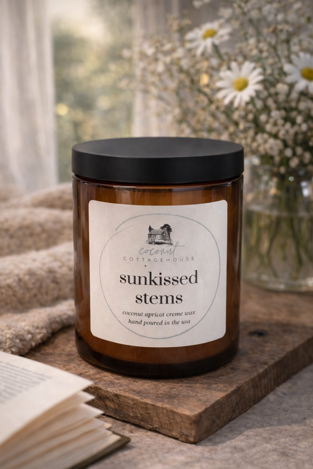 Sunkissed Stems Scented Amber Candle Hand Poured Botanical Wax in Elegant Glass Jar | 50-60 Burn