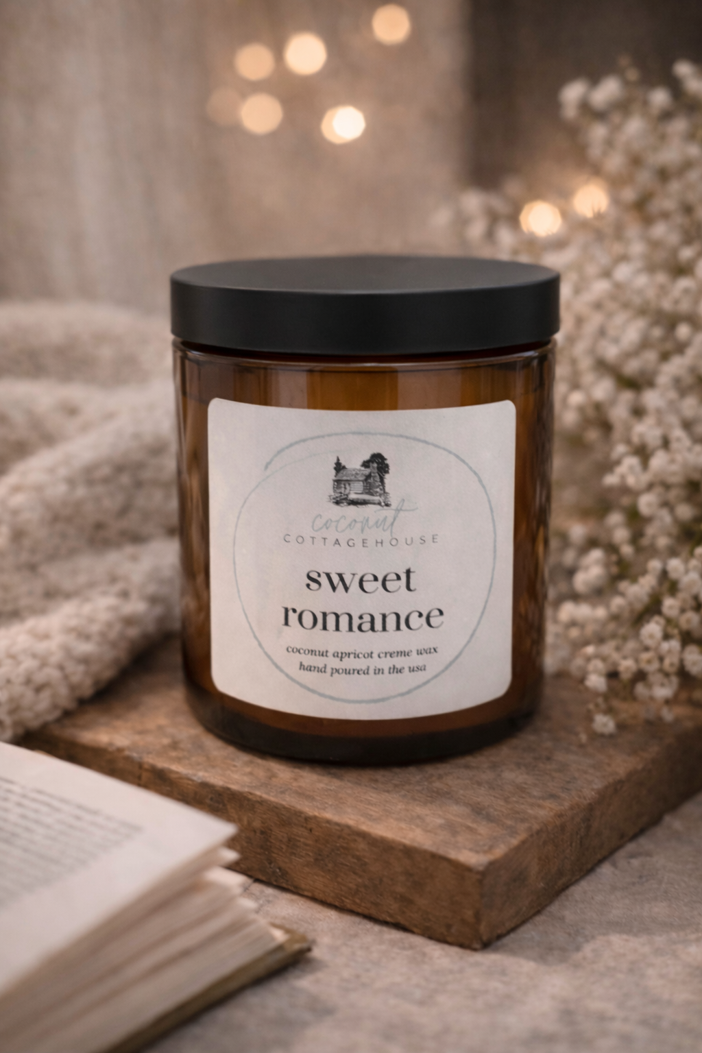 Sweet Romance | Apricot Coconut Wax Candle - Hand Poured Amber Jar | Luxury Scented Long Burn | 50-60 Burn